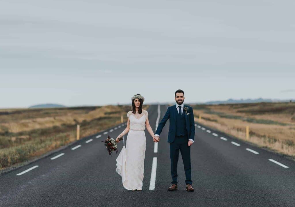 A wedding couple in a wedding photoshoot in Iceland.