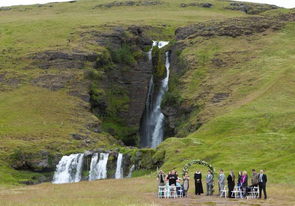 A wedding ceremony by Gluggafoss in Iceland