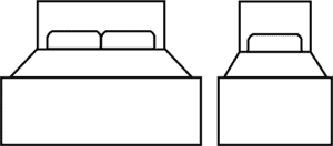 Black and white line drawing of one king bed and one twin bed.