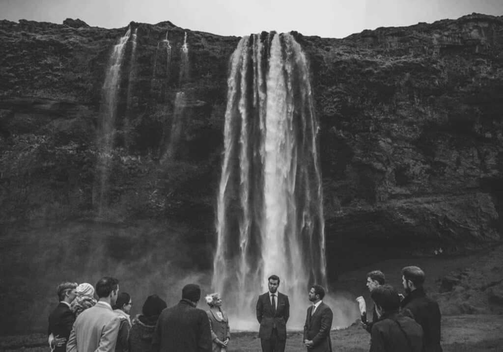 A wedding by Seljalandsfoss waterfall. 
