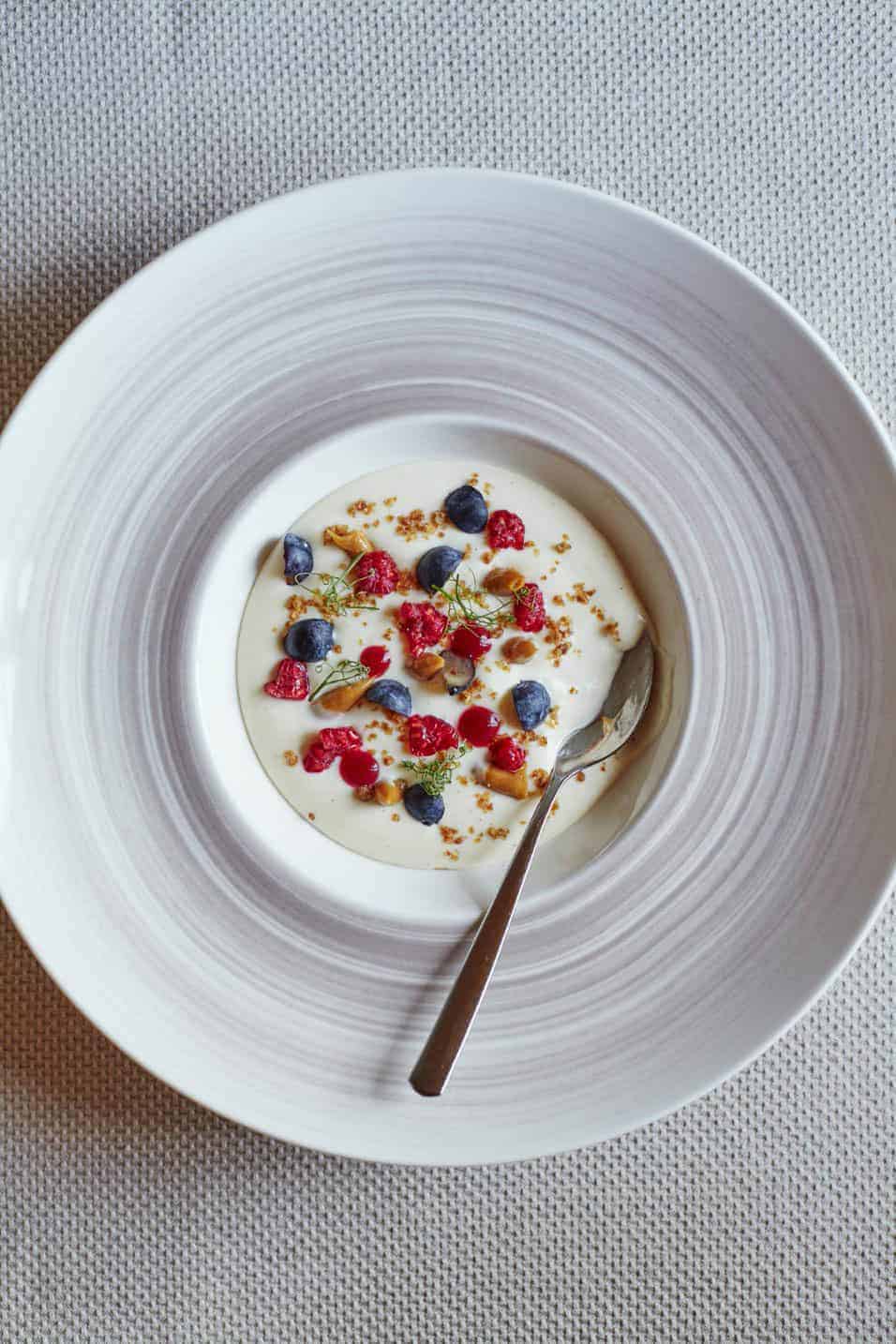 Skyr dessert with oat crumble and berries made by the chefs at Hotel Rangá.