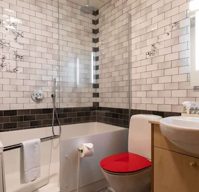 Hotel Rangá's Deluxe Superior bathroom with accessible walk-in bathtub, grey tiling, toilet with red seat cover, sink and mirror.