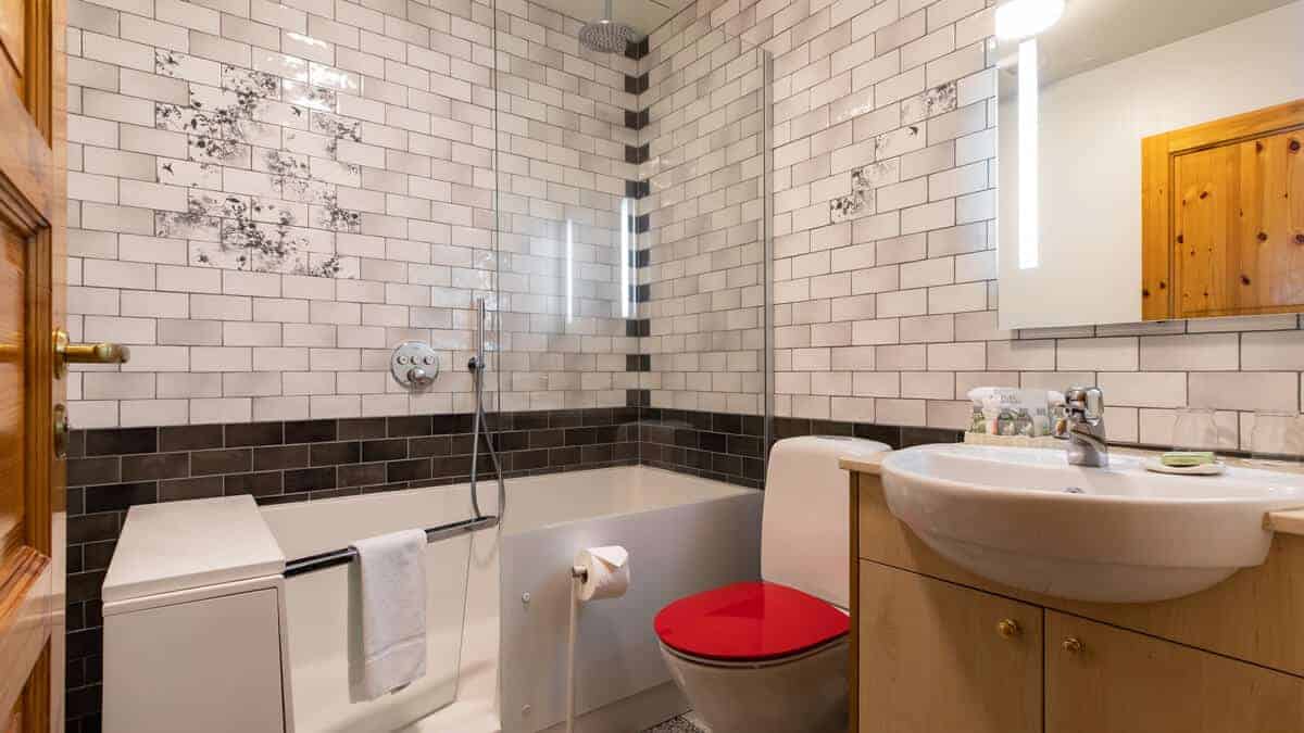 Hotel Rangá's Deluxe Superior bathroom with accessible walk-in bathtub, grey tiling, toilet with red seat cover, sink and mirror.