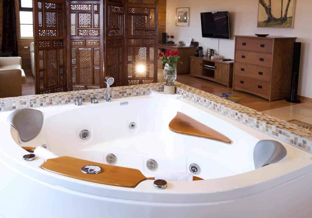 The luxury bathtub in the Royal Suite at Hotel Rangá in south Iceland.