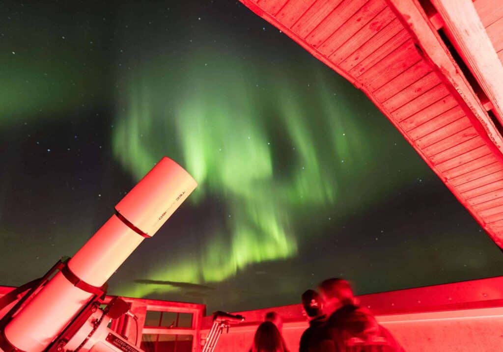 Hotel Rangá's Observatory in south Iceland in October with the northern lights overhead.