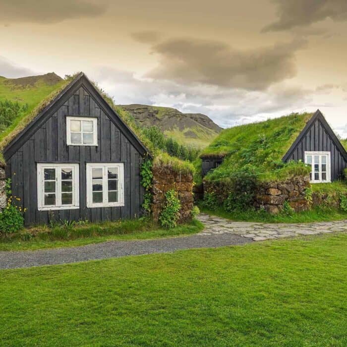 Traditional Icelandic turf houses at the Skógar Museum in south Iceland.