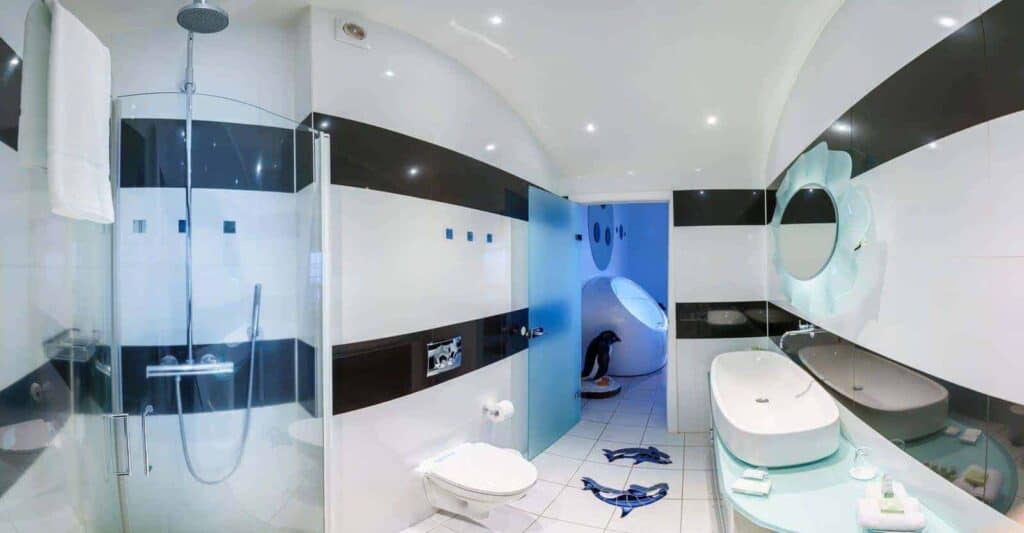 A black and white bathroom