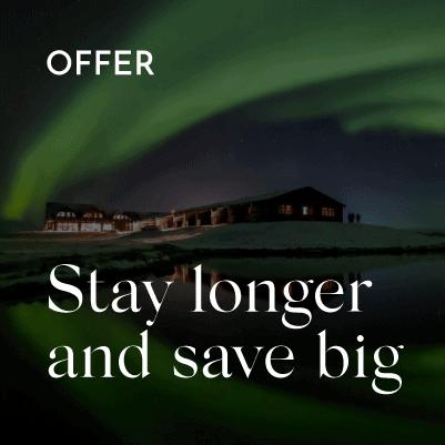Northern lights above Hotel Rangá over which is the text, "Offer, Stay longer and save big."