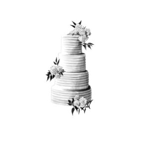 Black and white icon of tiered wedding cake decorated with flowers.