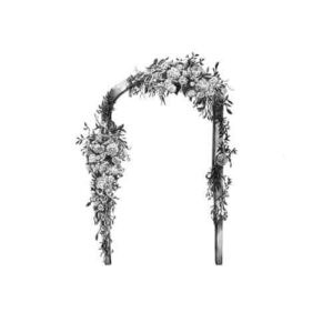 Black and white drawing of floral archway.