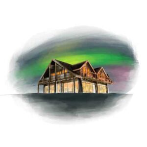 Hand drawn image of Hotel Rangá with green northern lights overhead.