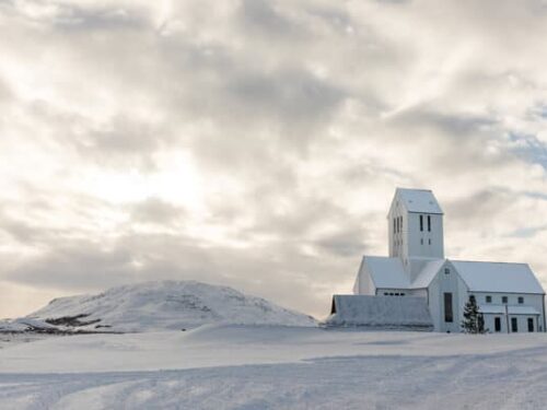 Skálholt church on a snowy day in south Iceland.