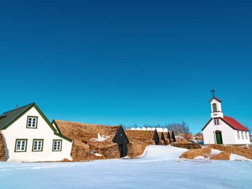 Turf houses and a small church at the farm Keldur in south Iceland.