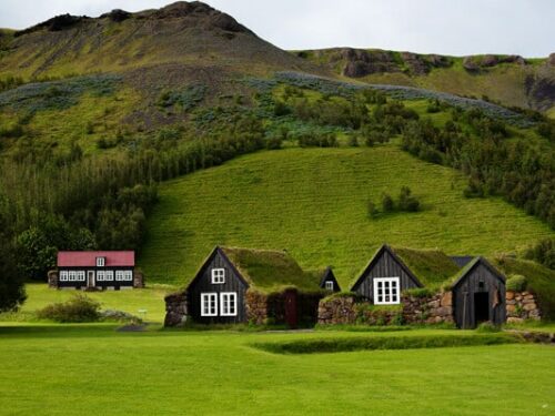 Traditional turf houses at the Skógar Open Air Museum in south Iceland.