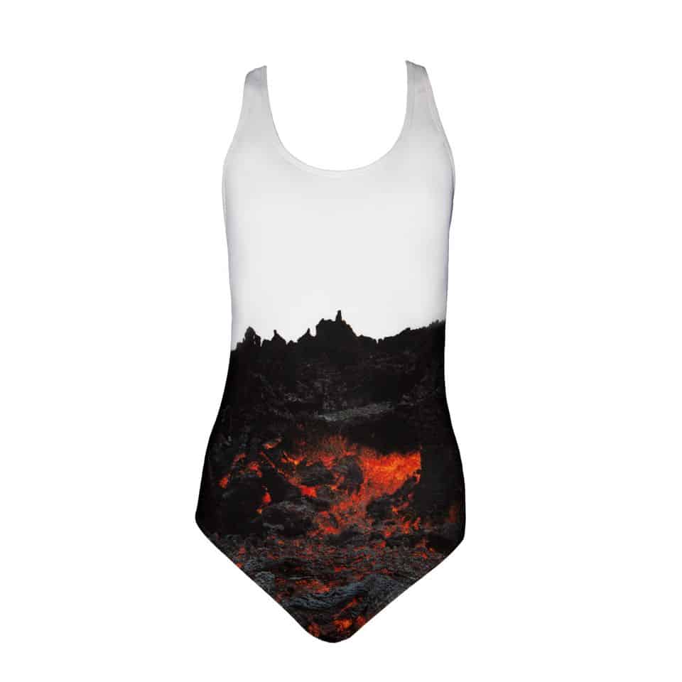 This one-piece swimsuit by Secret of Iceland features a volcanic design and red hot lava.