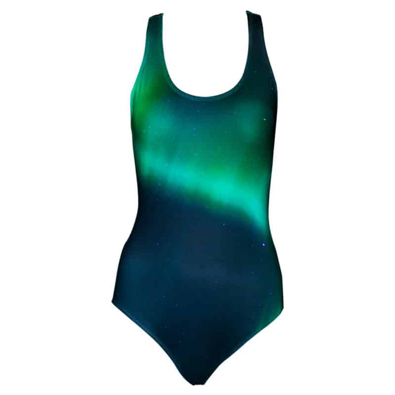 Secret of Iceland Aurora swimsuit featuring a northern lights inspired design.