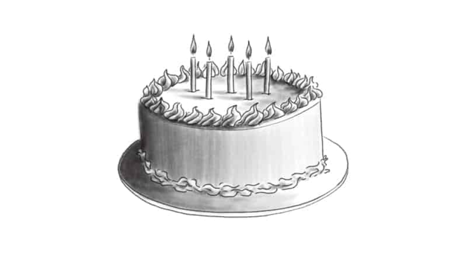 Black and white drawing of birthday cake.