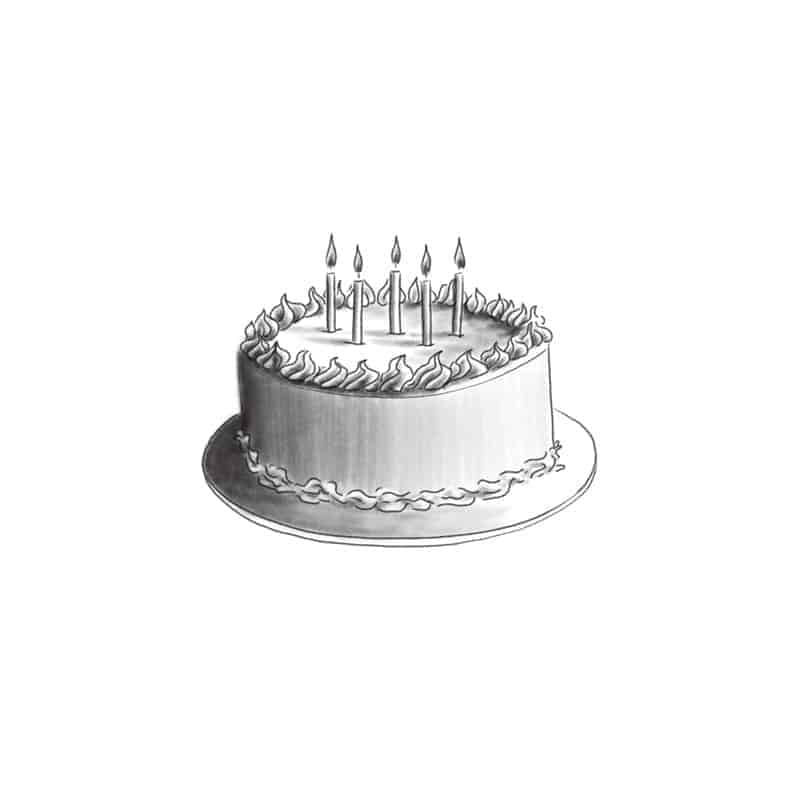 Black and white drawing of a birthday cake with decorative frosting and candles.