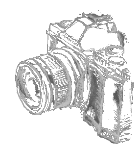 Black and white drawing of a digital camera.