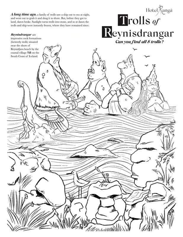 Black and white illustration of the trolls of Reynisdrangar.