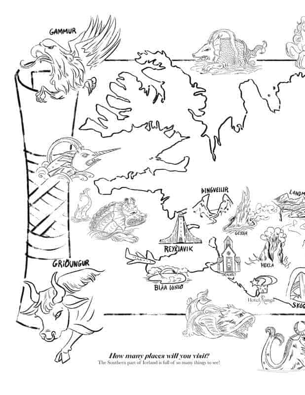 Hand drawn map of Iceland featuring illustrations from Icelandic history and legends.
