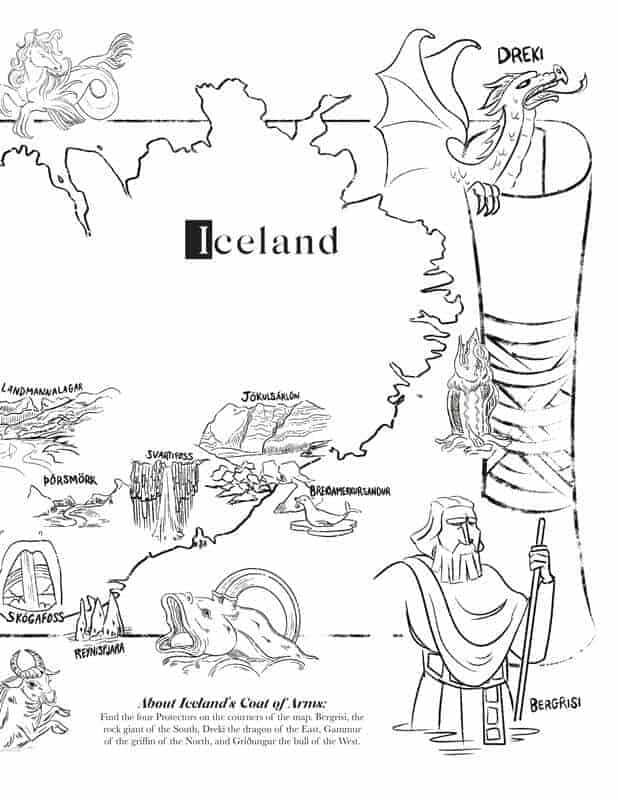 Hand drawn map of Iceland featuring illustrations from Icelandic history and legends.