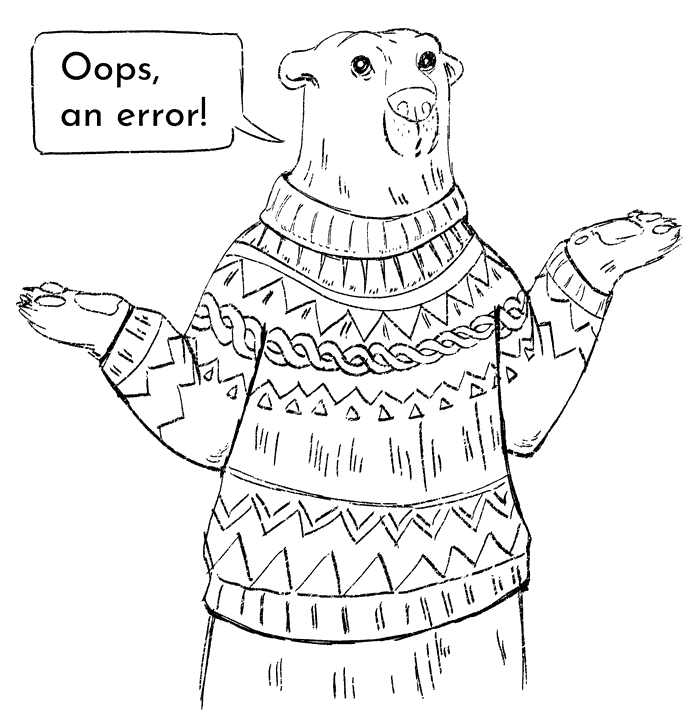 Black and white polar bear wearing lopapeya with puzzled expression and speech bubble that says, "Oops, an error!"