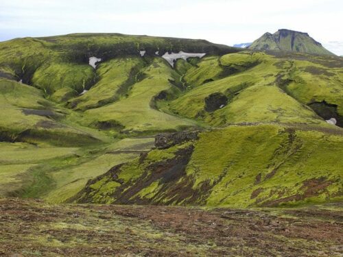 Green, mossy mountains in Fjallabak Nature Reserve in the Icelandic highlands.