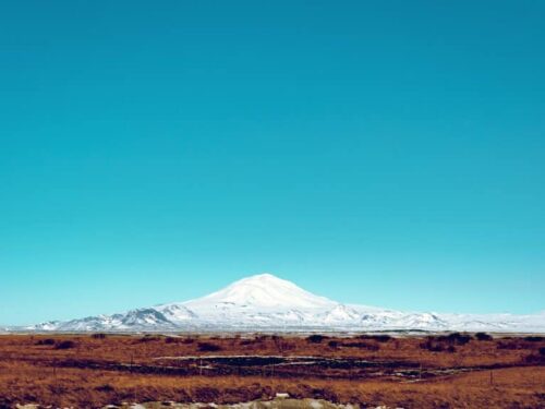 Mount Hekla covered in snow in south Iceland.