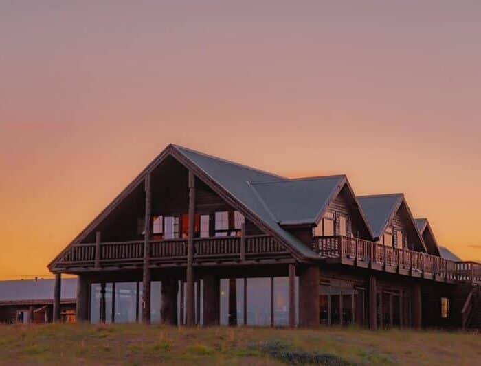 Exterior of Hotel Rangá on a summer night in south Iceland.