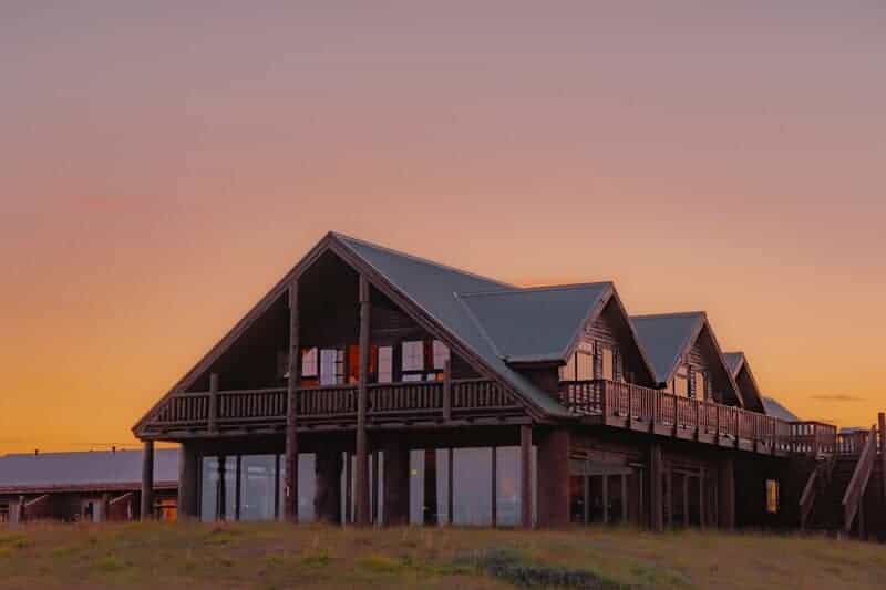 Exterior of Hotel Rangá on a summer night in south Iceland.