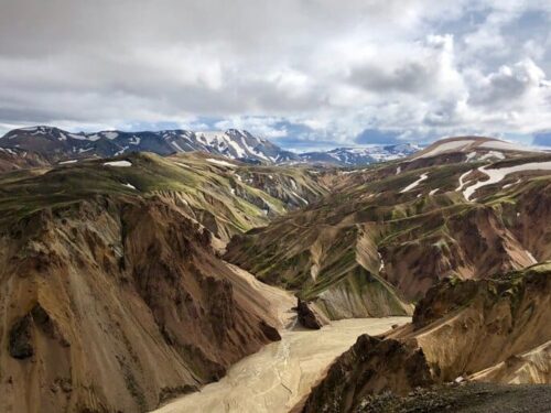 A view of colorful mountains in the Icelandic highlands at Landmannalaugar.