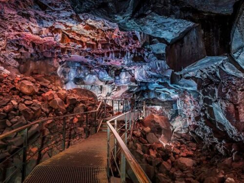 Metal pathway underground in the lava tunnel at Raufarhólshellir in south Iceland.