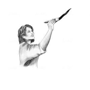 Black and white drawing of woman painter.