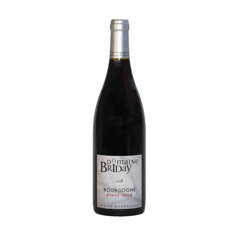 The front of a bottle of Domaine Briday Bourgogne Pinot Noir 2018.