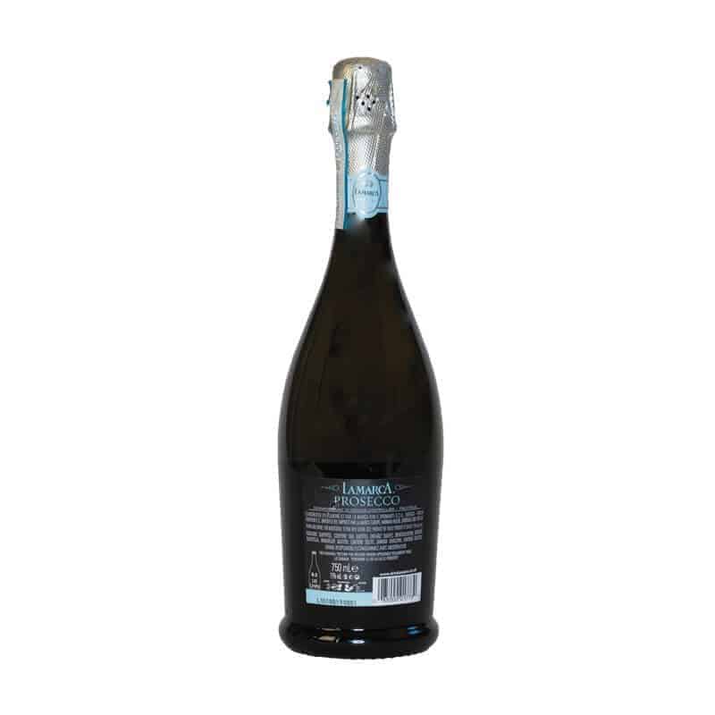 The bcak of a bottle of La Marca Prosecco.