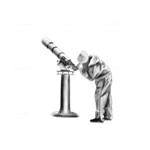 Black and white drawing of woman wearing snowsuit peering through a high-tech telescope at the sky.