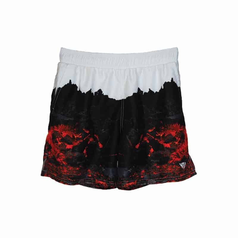 Swim trunks by Secret of Iceland decorated with image of red hot lava and black volcanic rocks.