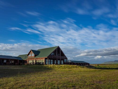 Exterior of Hotel Rangá on a beautiful summer day in south Iceland.