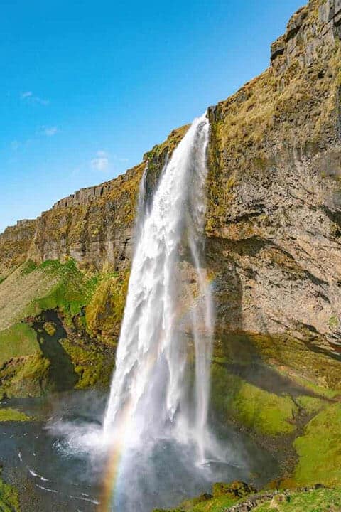 Seljalandsfoss waterfall cascades down