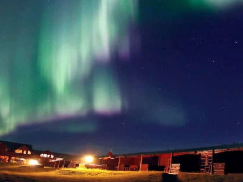 Green and purple northern lights in the sky over Hotel Rangá luxury hotel in south Iceland.