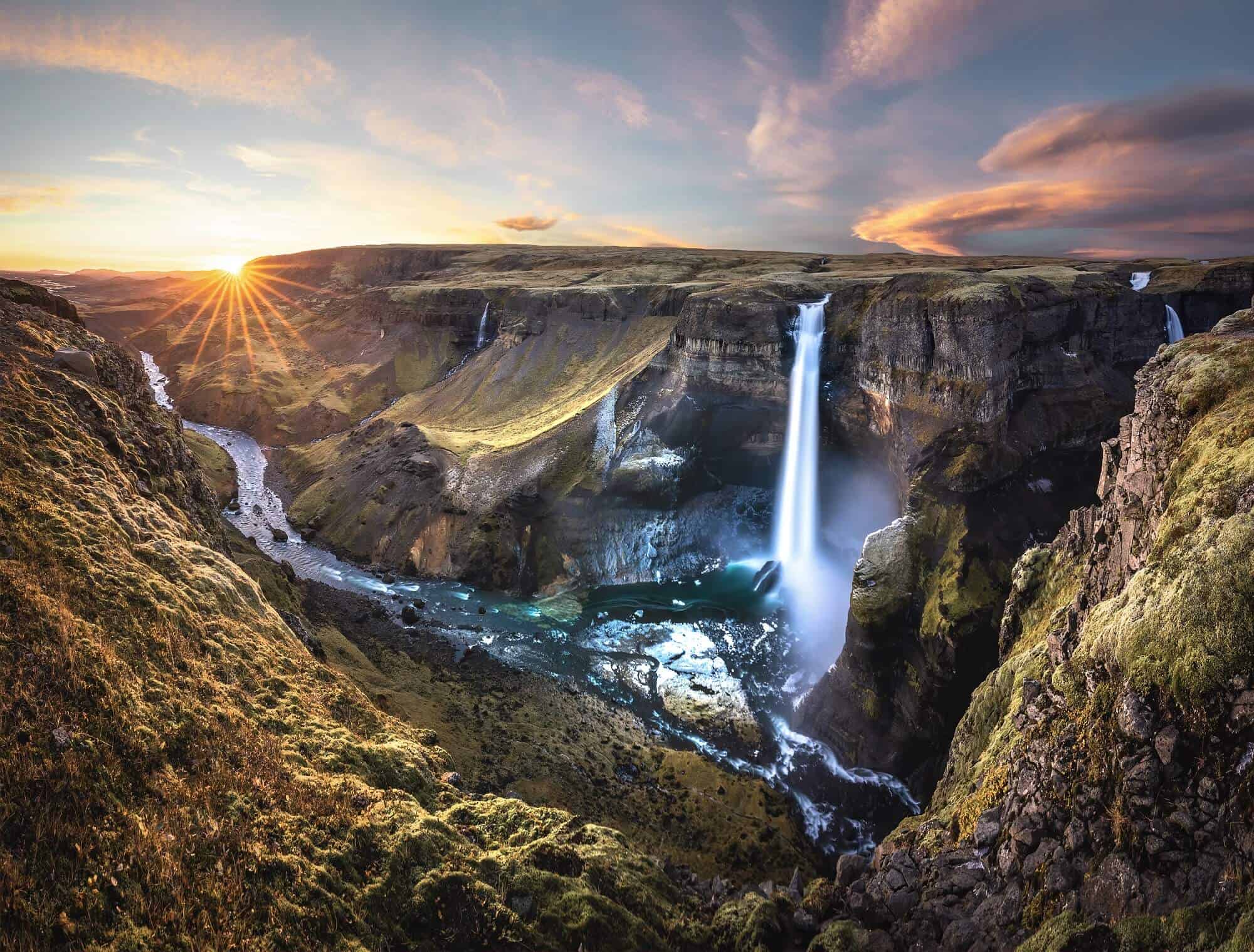Háifoss waterfall during sunset in south Iceland.