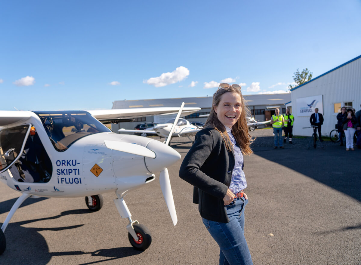 Prime minister of Iceland, Katrín Jakobsdóttir, in front of the first electric aircraft of Iceland