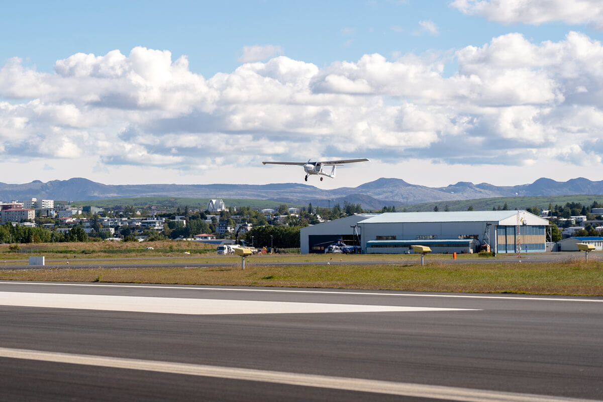 First electric aircraft in Iceland flying over Reykjavik