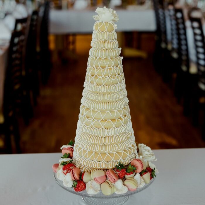 Traditional Icelandic wedding cake known as a kransakaka covered in delicate white icing at Hotel Rangá luxury hotel.