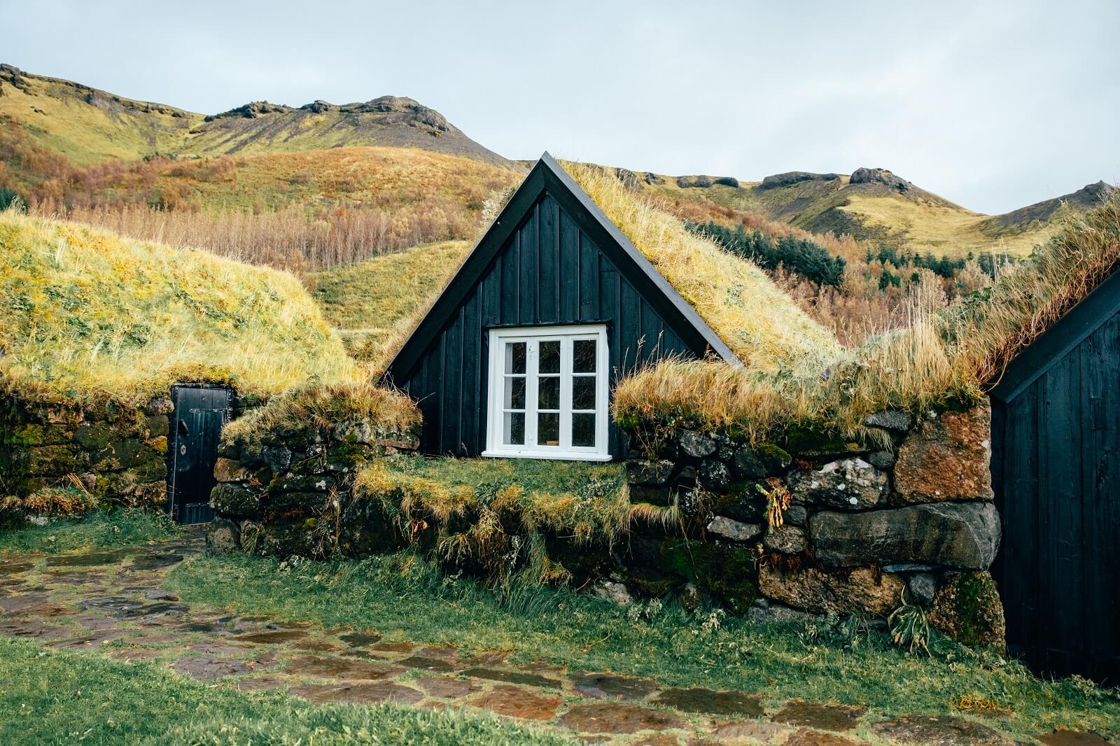 Traditional turf house in south Iceland. 