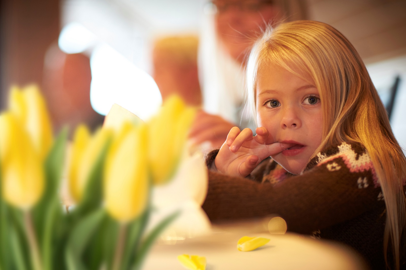 Blonde Icelandic girl wearing a traditional lopapeysa sitting a dinner table in Hotel Rangá with yellow tulips in the foreground. 