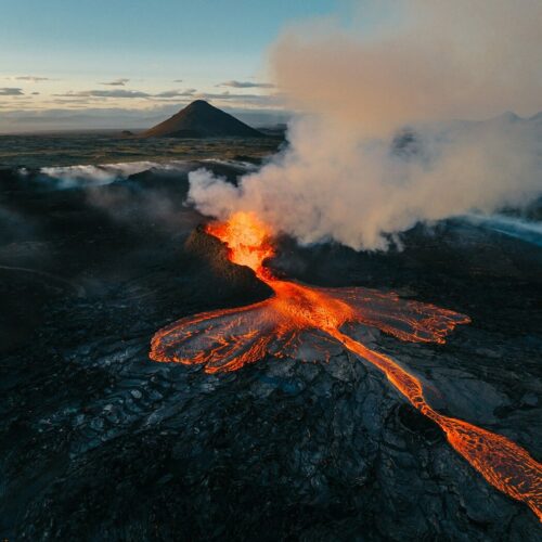 Overhead view of Iceland's newest volcano erupting in July 2023 near Litli Hrútur.