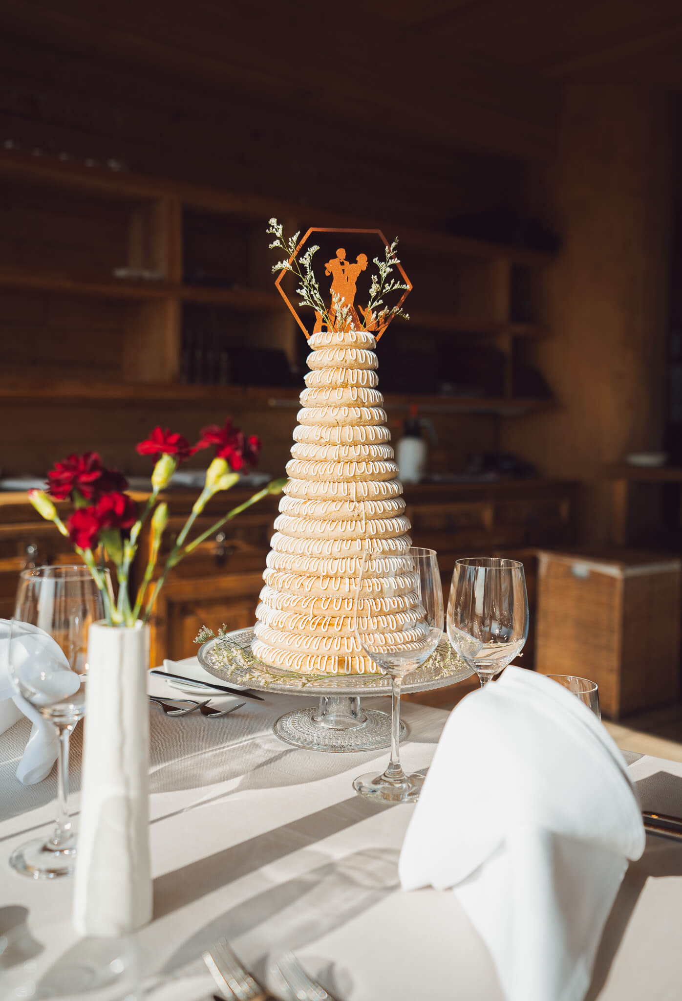 Kransakaka, a traditional Icelandic Wedding cake made of almond cookies stacked high in a tower.