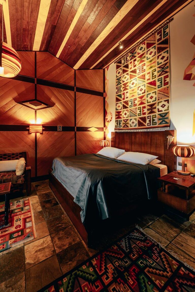 Hotel Rangá's South America suite decorated with geometric art inspired by the Incas and Peru.